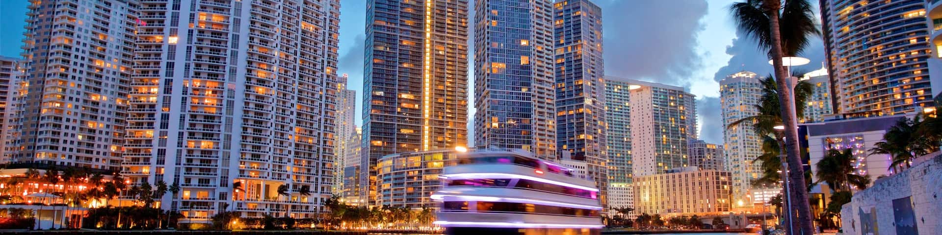 Miami showing a city, a bay or harbor and night scenes