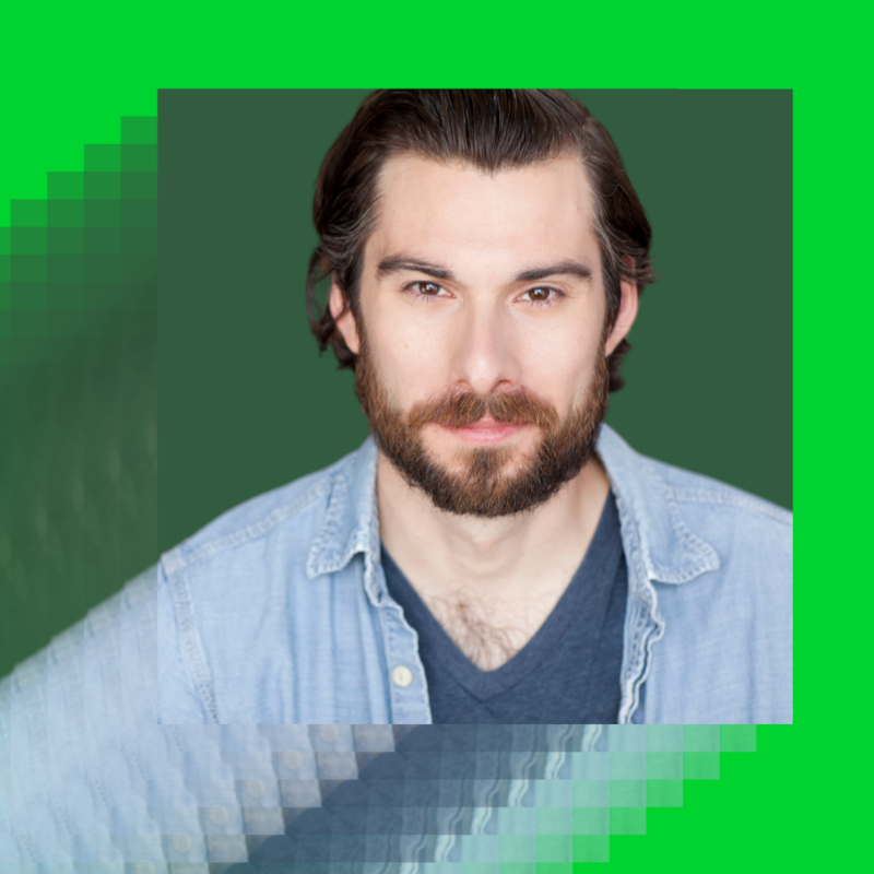 A bearded man in a denim shirt over a dark T-shirt, against a green background with a layered pixel effect.