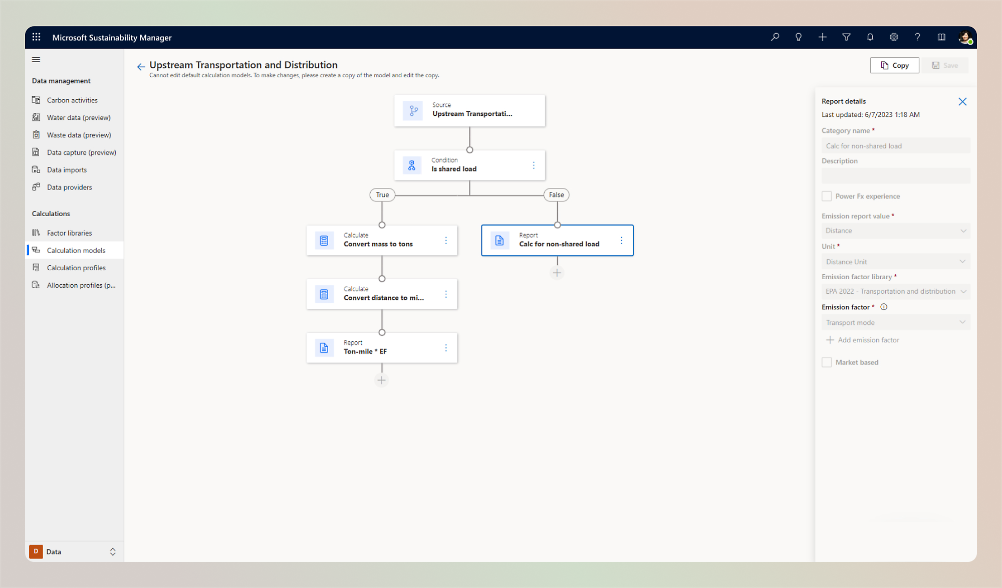 Captură de ecran cu interfața Microsoft Sustainability Manager afișând schema logică de transport și distribuție în amonte