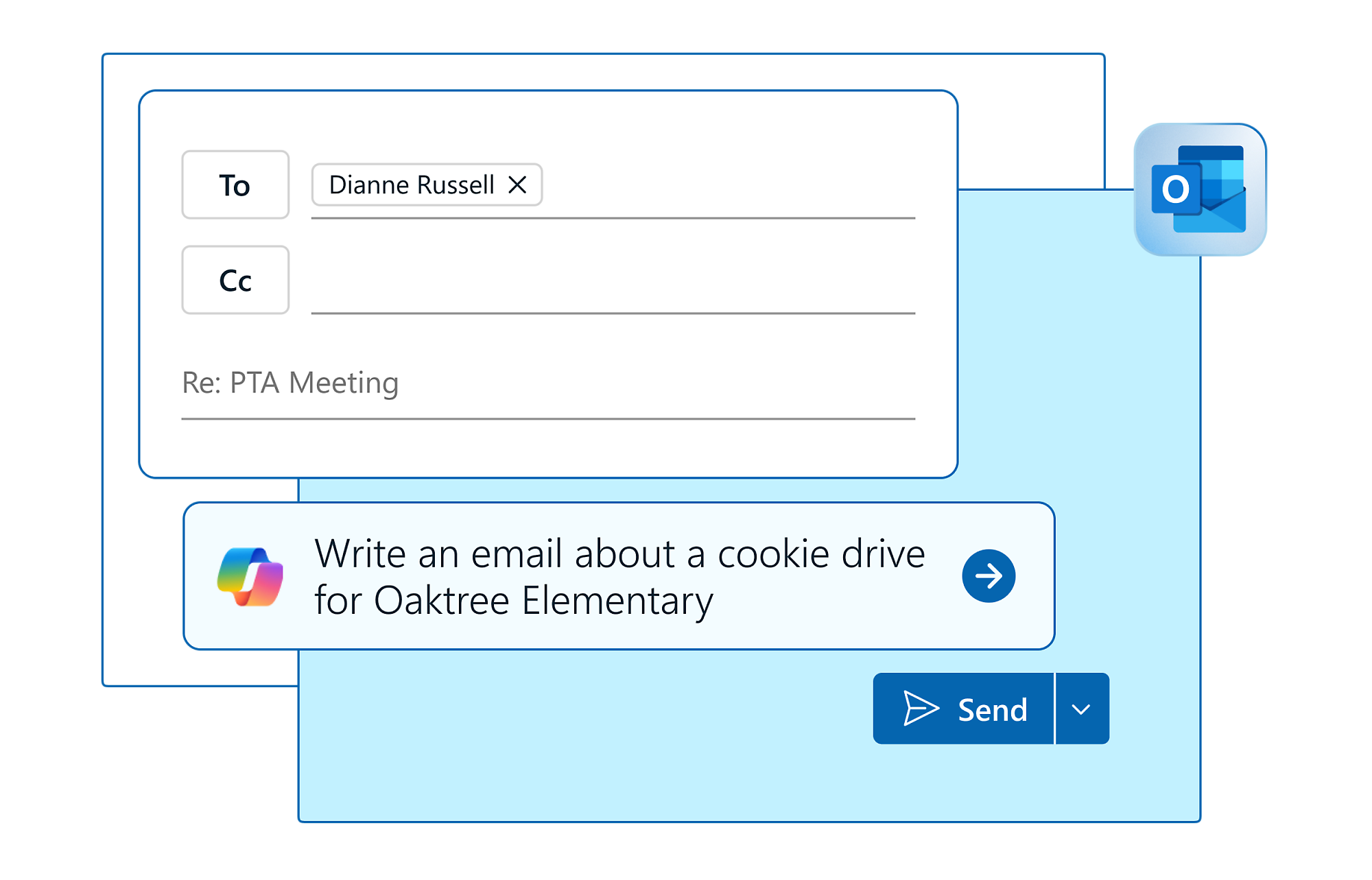 Een schermopname van een e-mailconcept op een computerscherm over een koekjes-actie voor de Oaktree Basisschool.