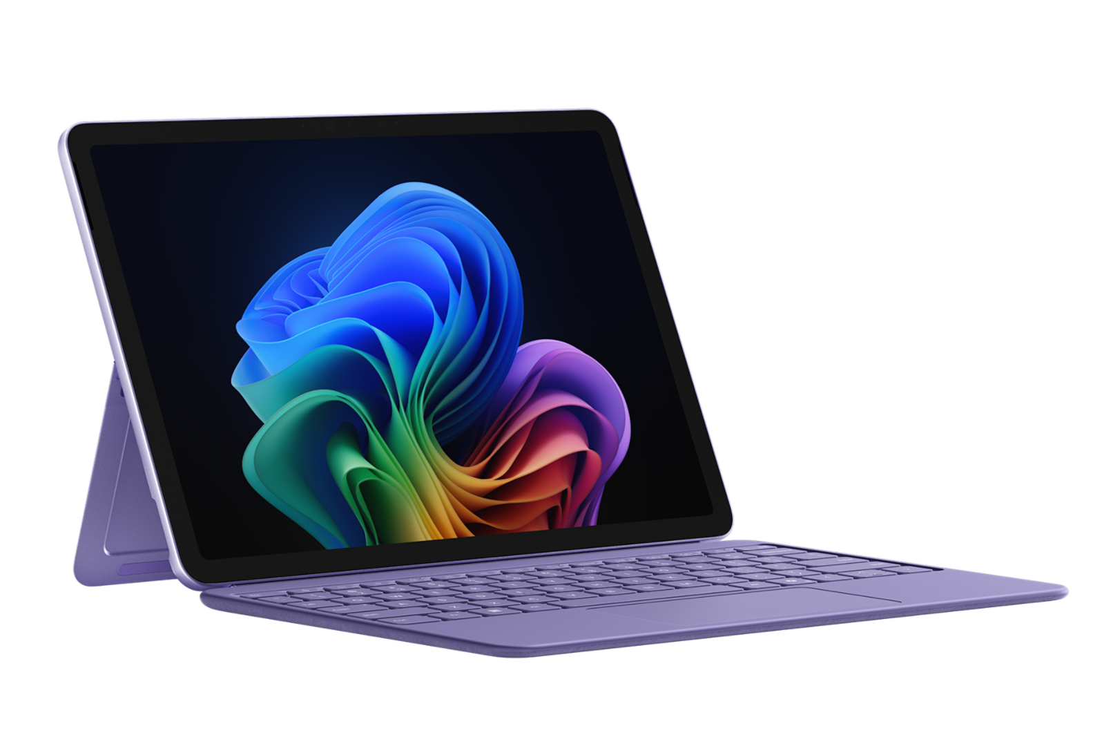 Immagine da destra di Surface Pro Viola 12 con la schermata del fiore a colori