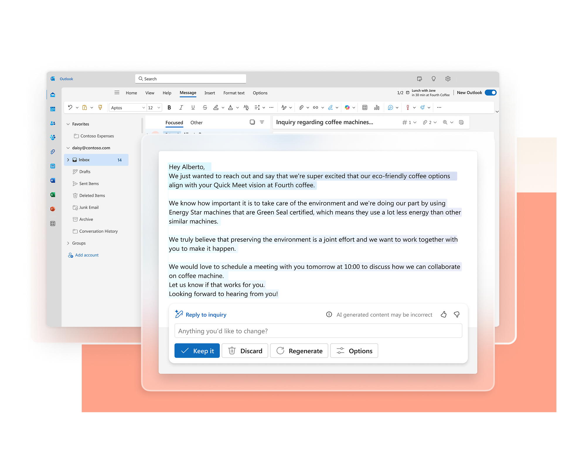 Zrzut ekranu przedstawiający wersję roboczą wiadomości e-mail. Wiadomość e-mail dotyczy ekologicznych opcji ekspresów do kawy