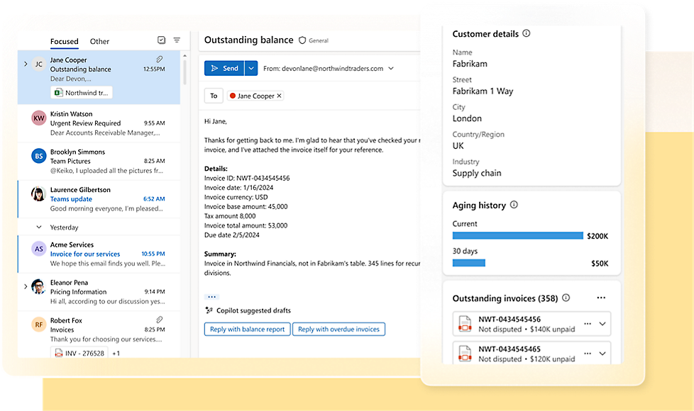  an email inbox and a customer details panel showing an outstanding balance and aging summary 