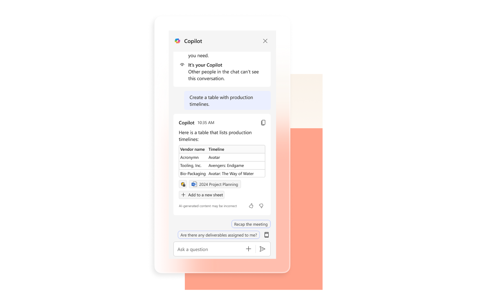 หน้าต่างการแชท Copilot แสดงการสนทนาเกี่ยวกับการสร้างตารางด้วยไทม์ไลน์การผลิต 