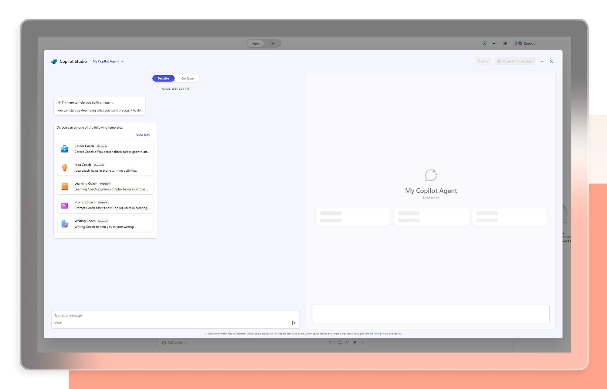 สกรีนช็อตของ Copilot Studio พร้อมเอเจนต์ Copilot ของฉัน และคำอธิบายเพื่อสร้างเอเจนต์
