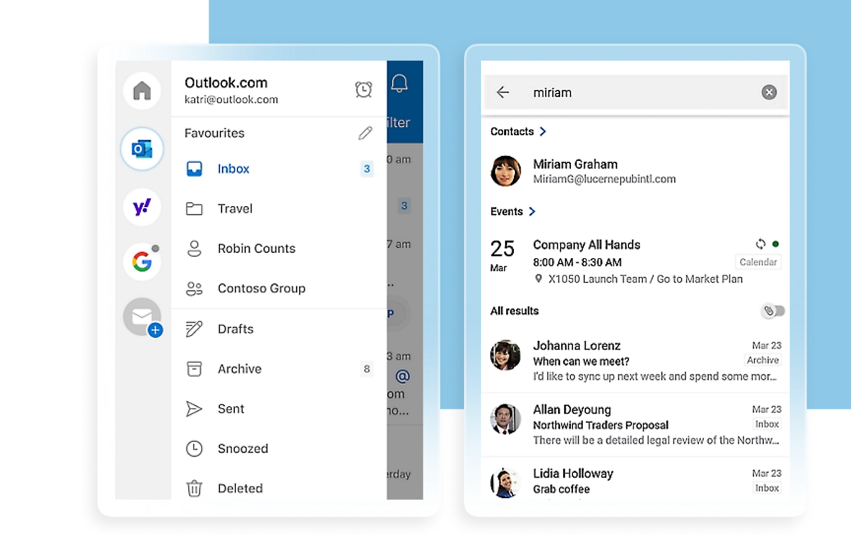 Recorte de pantalla de una interfaz de Outlook que muestra una bandeja de entrada de correo electrónico a la izquierda y una búsqueda de contactos con eventos del calendario 