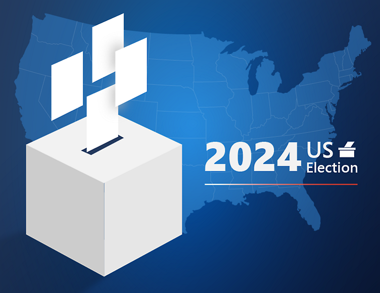 Een witte stembus met witte vierkanten en de tekst '2024 American Election' op een blauwe achtergrond.