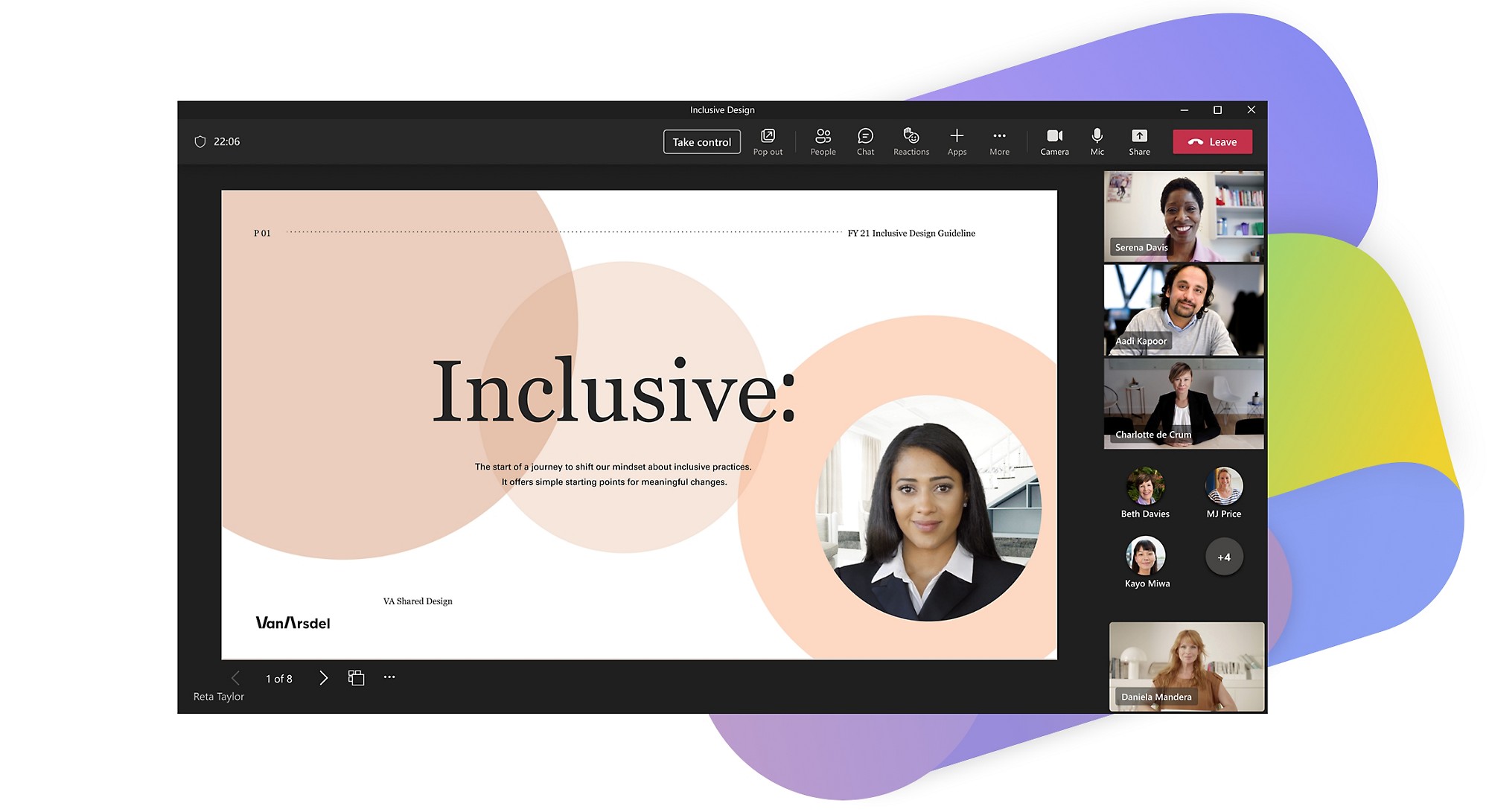 A Teams video conference where the speaker is being highlighted while they are giving a presentation. 
