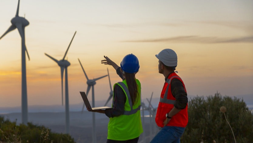 Two energy workers out in the field looking at wind turbines.