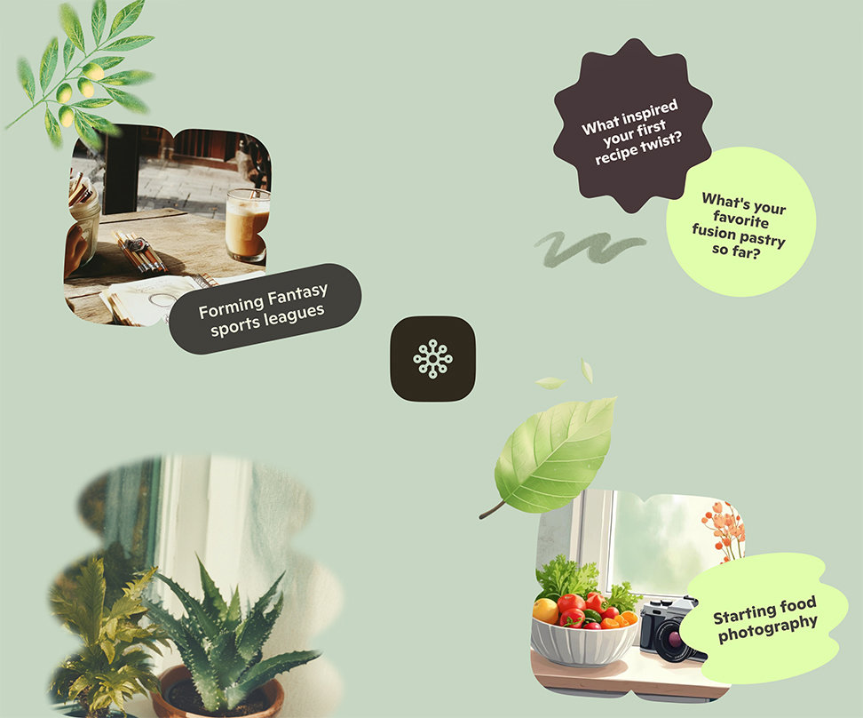 Several small AI generated images of a clipboard on a table in the kitchen, a camera next to a bowl of vegetables on a shelf, potted plants in front of a window, with text bubbles overlapping and the Copilot memory icon on a sage green background
