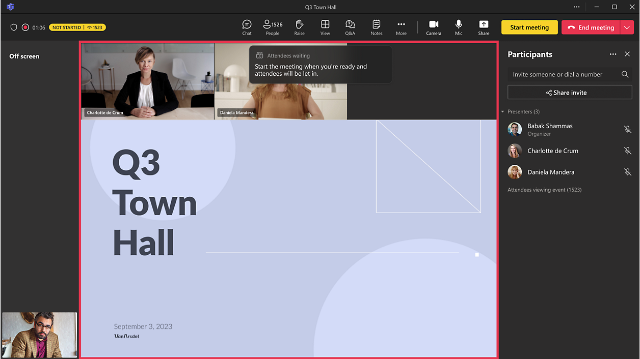 Ecrã de reunião virtual com diapositivo de apresentação “Q3 Town Hall” e três participantes a prepararem-se para uma conferência de vídeo.