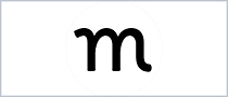 Een zwarte letter M in een witte cirkel.