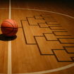 A basketball on a court with itsshadow forming a tournament bracket