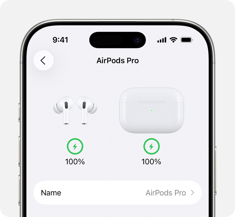 Battery levels of AirPods Pro and charging case in Settings on iPhone.