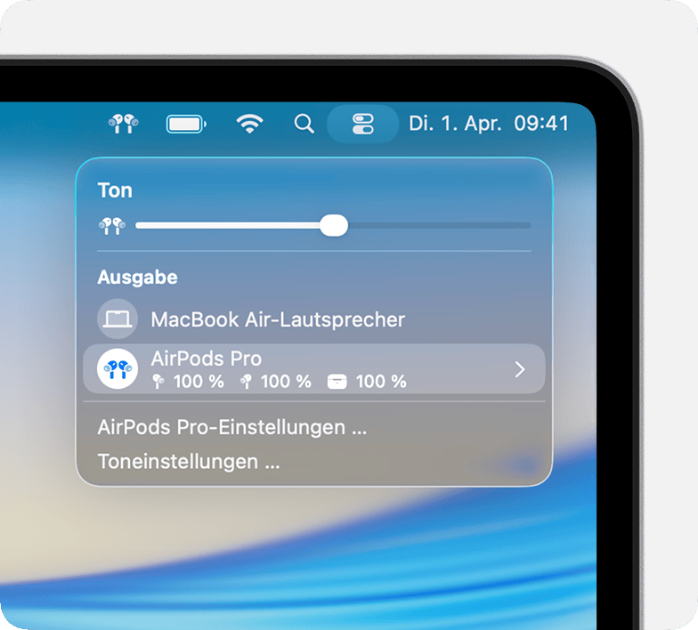 Batteriestände von AirPods Pro und Ladecase im Kontrollzentrum auf dem Mac.