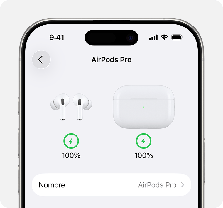 Niveles de batería de los AirPods Pro y el estuche de carga en Configuración en el iPhone.