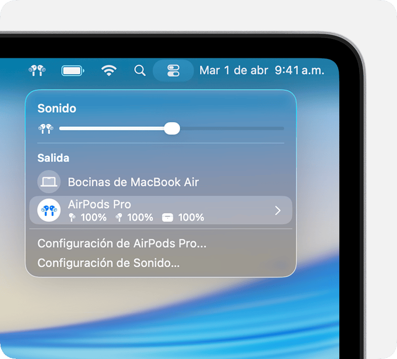 Niveles de batería de los AirPods Pro y el estuche de carga en el Centro de control de la Mac.