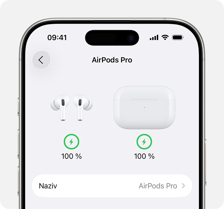 Provjera razine napunjenosti baterije AirPods Pro slušalica i kućište za punjenje u Postavkama na iPhone uređaju.