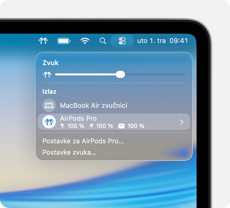 Razine baterije AirPods Pro slušalica i kućišta za punjenje u kontrolnom centru na Mac računalu.