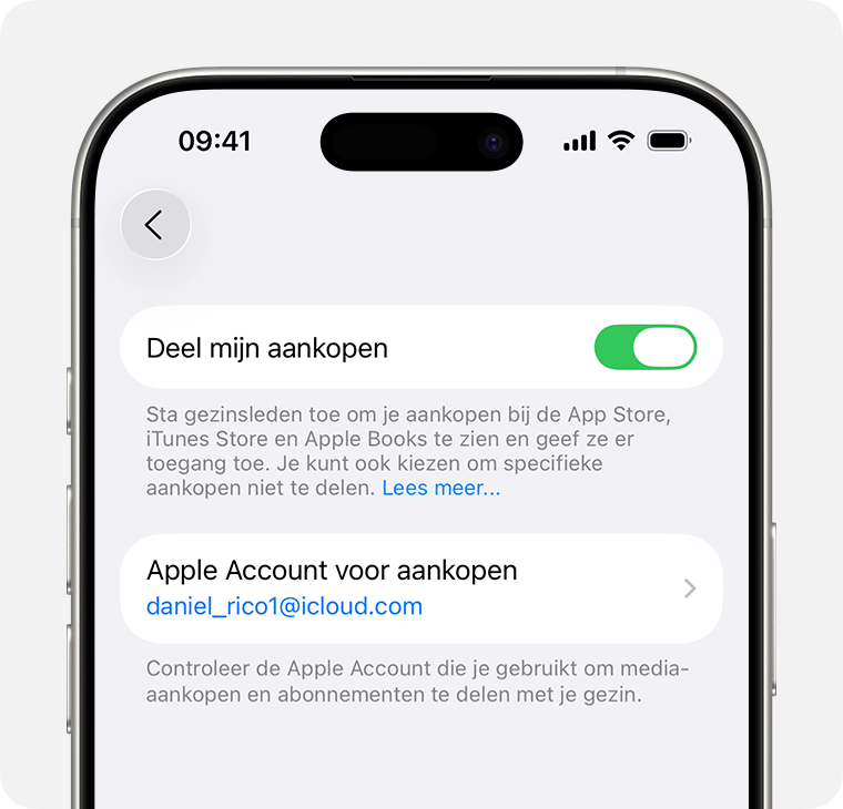 iPhone-scherm met uitleg over hoe je 'Deel mijn aankopen' inschakelt.