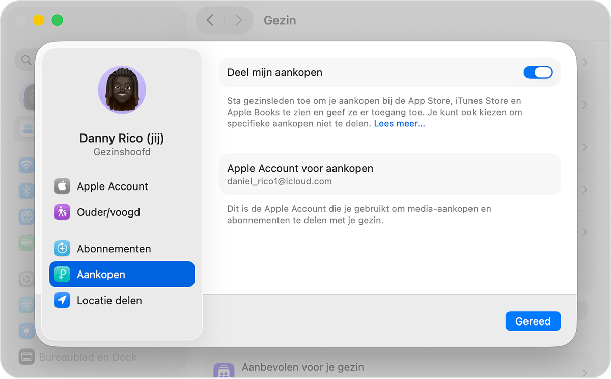 Mac-met uitleg over hoe je 'Deel mijn aankopen' inschakelt.