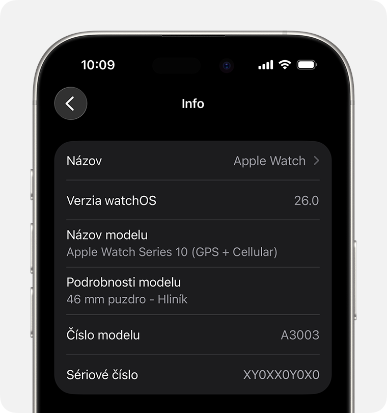 iPhone s obrazovkou Informácie a sériovým číslom