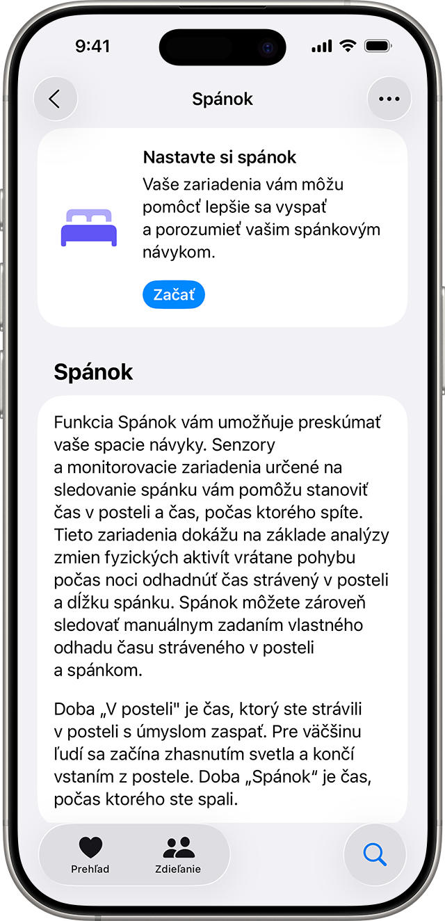 iPhone zobrazujúci obrazovku Spánok v apke Zdravie s modrým tlačidlom Začať na nastavenie spánku.