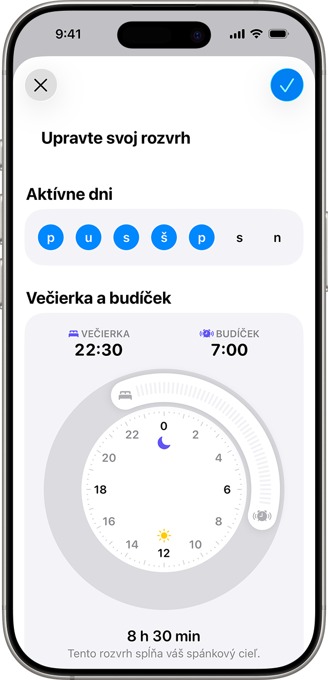 iPhone zobrazujúci obrazovku Pridať rozvrh s rozvrhom spánku nastaveným od 22:30 do 7.00 od pondelka do piatka.