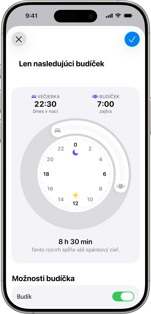 iPhone zobrazujúci obrazovku Len nasledujúci budíček s rozvrhom spánku nastaveným od 22:30 do 7.00 od pondelka do piatka.