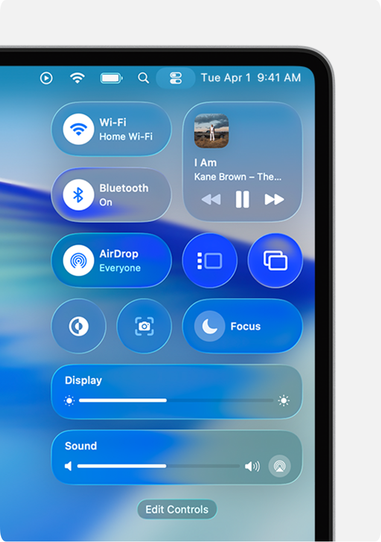 Various Control Center modules appear below the menu bar on Mac.