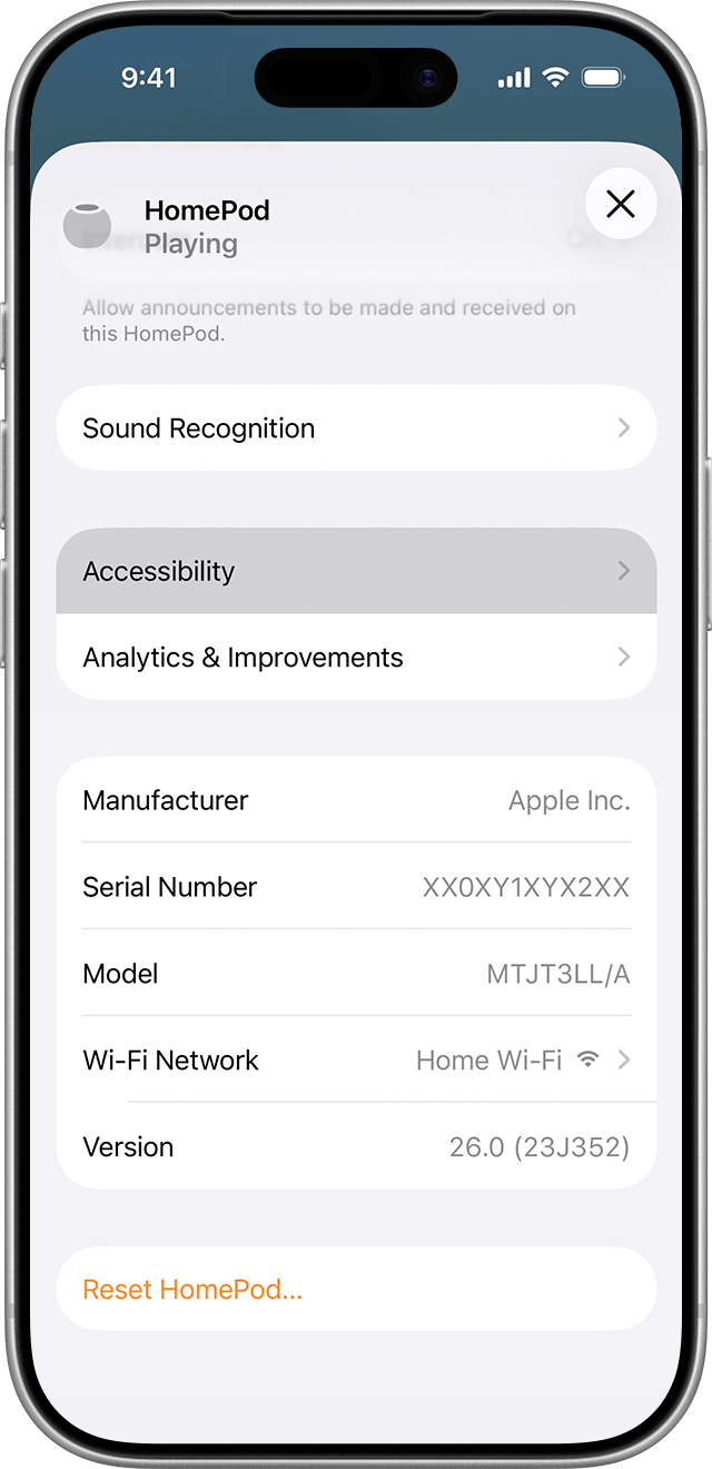 Accessibility appears after Sound Recognition on the HomePod settings screen.