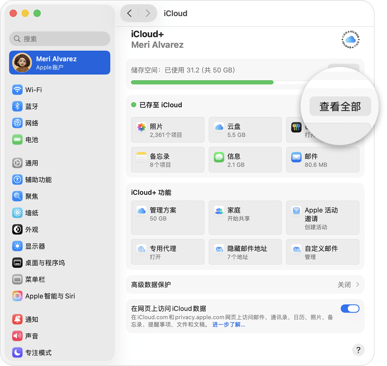 macOS 屏幕上显示了 iCloud+ 主设置屏幕。