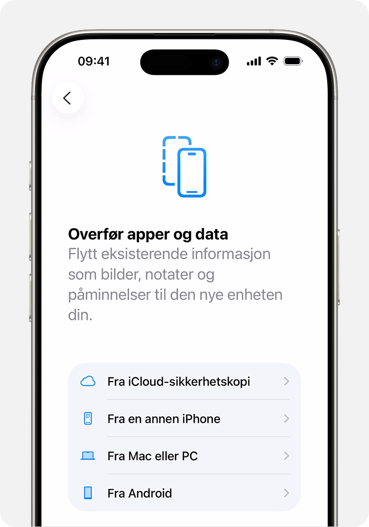 En iPhone som viser Fra iCloud-sikkerhetskopi som første alternativ.