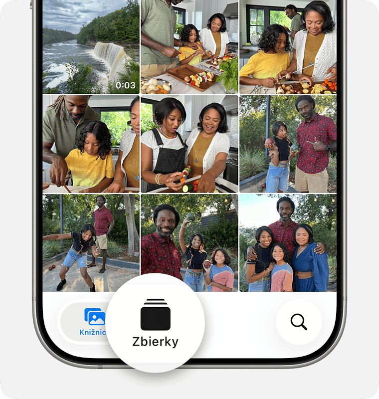 iPhone s otvorenou apkou Fotky. Zbierky sa nachádzajú v dolnej časti obrazovky vedľa položky Knižnica.