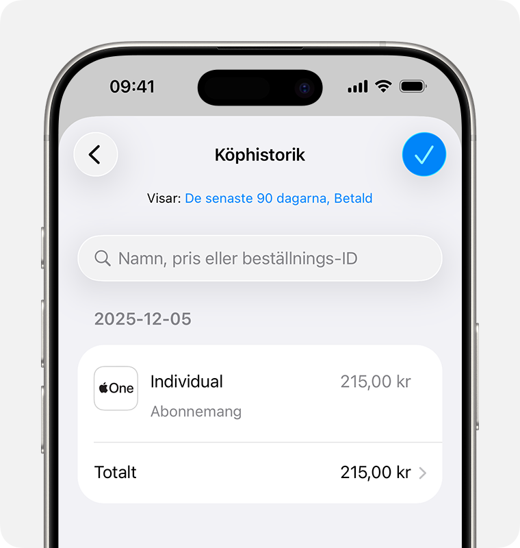En bild där Köphistorik visas på en iPhone.