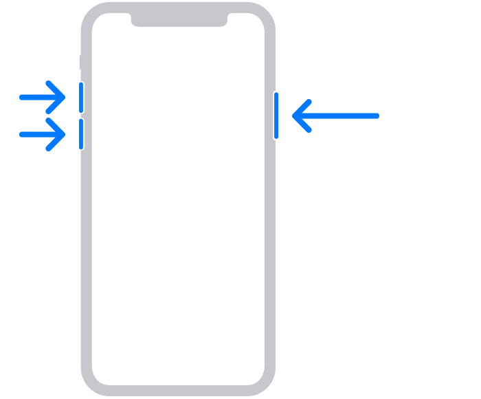 Animation showing the sequence of pressing the volume up, volume down, then the side button on an iPhone to enter recovery mode.