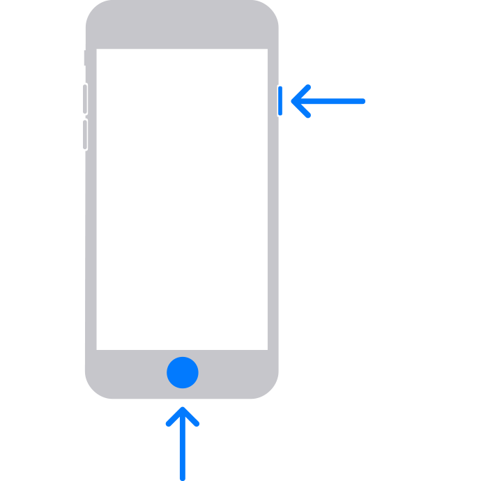 Image showing how to put an iPhone into recovery mode by pressing the Home button and the top (or side) button, indicated by arrows.
