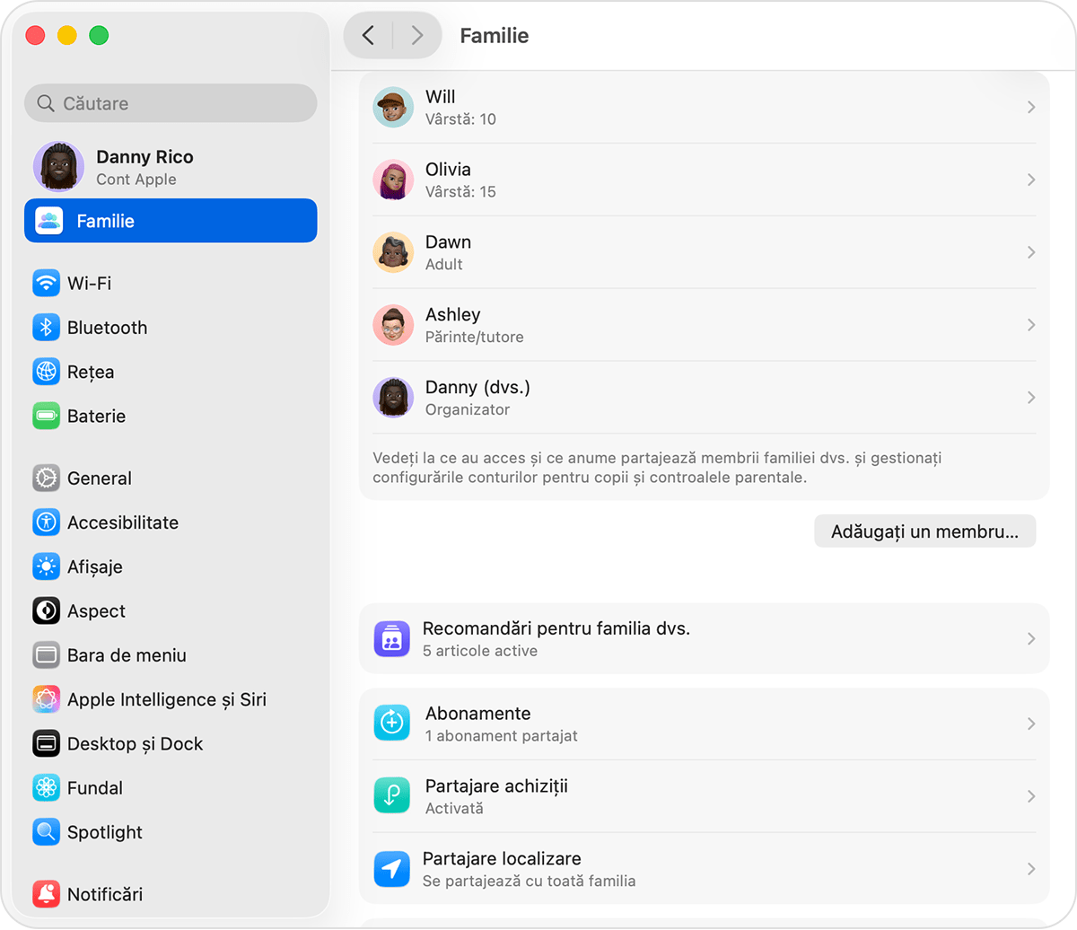 Ecran macOS care afișează pașii pentru adăugarea unui membru la grupul Partajare familială.
