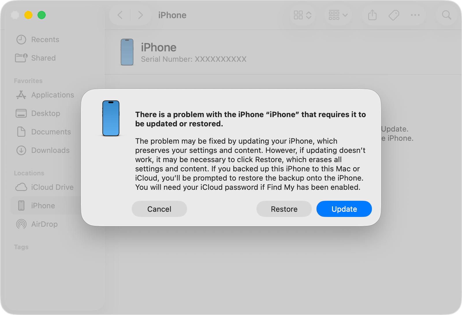 Restore and update information in the Finder after connecting an iPhone in Recovery mode.