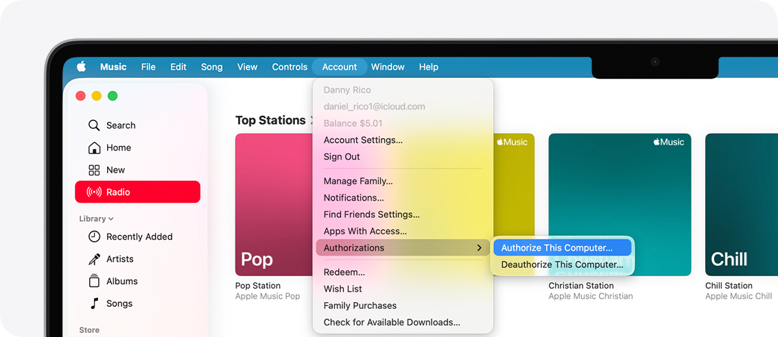 Mac 的 Apple Music (音樂) app 顯示「授權此電腦」或「取消授權此電腦」。