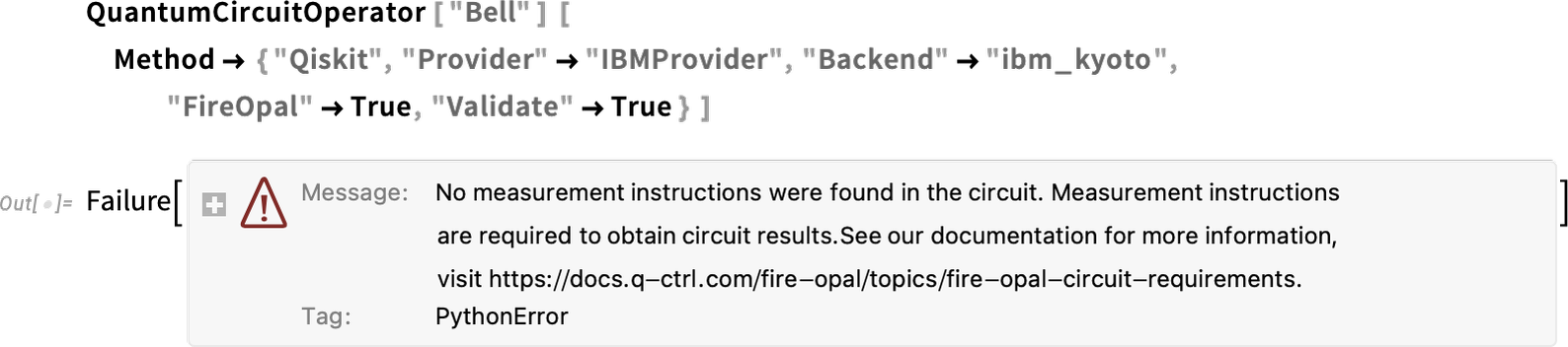 QuantumCircuitOperator[Bell], Failure