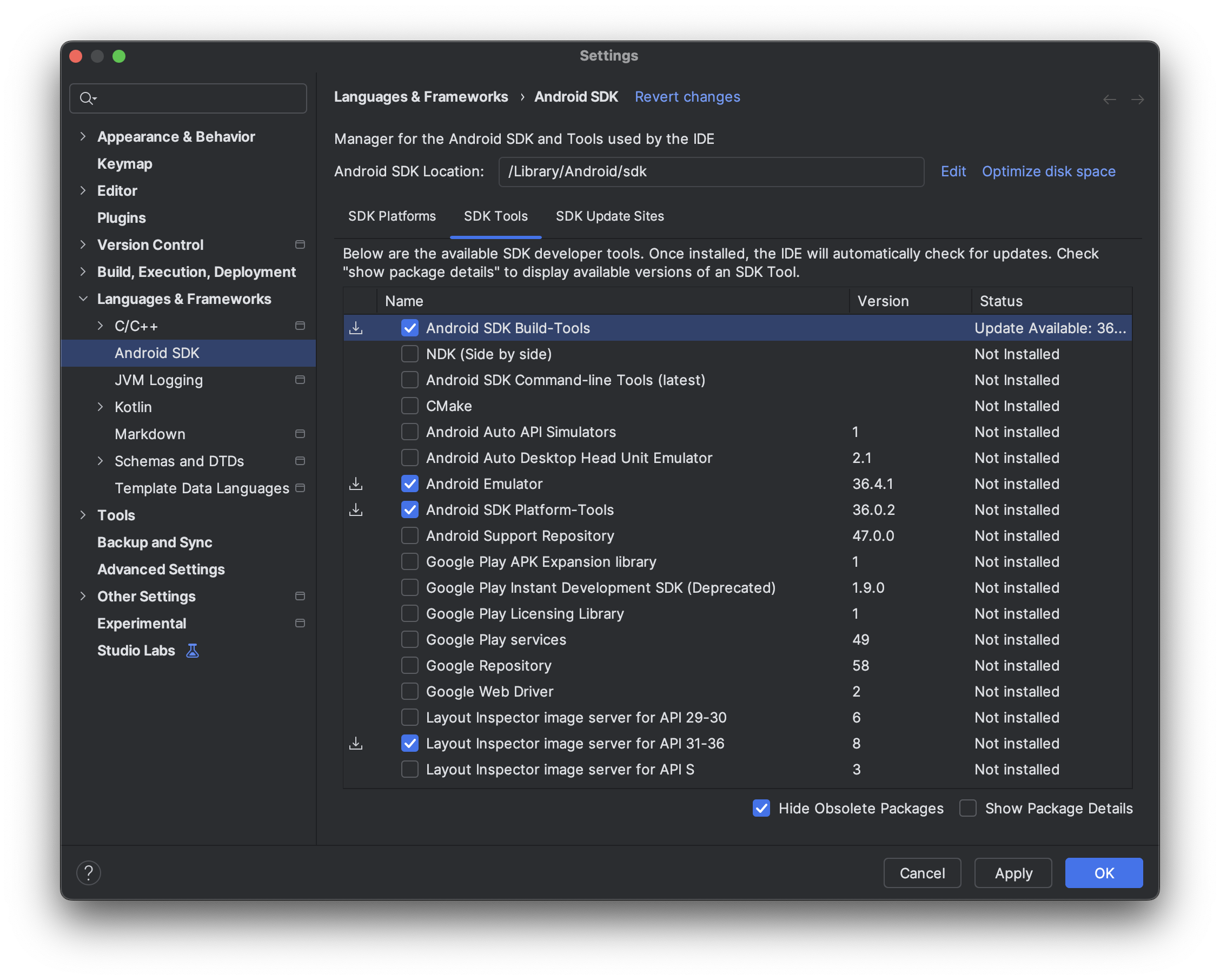 แท็บเครื่องมือ SDK ของ Android Studio
