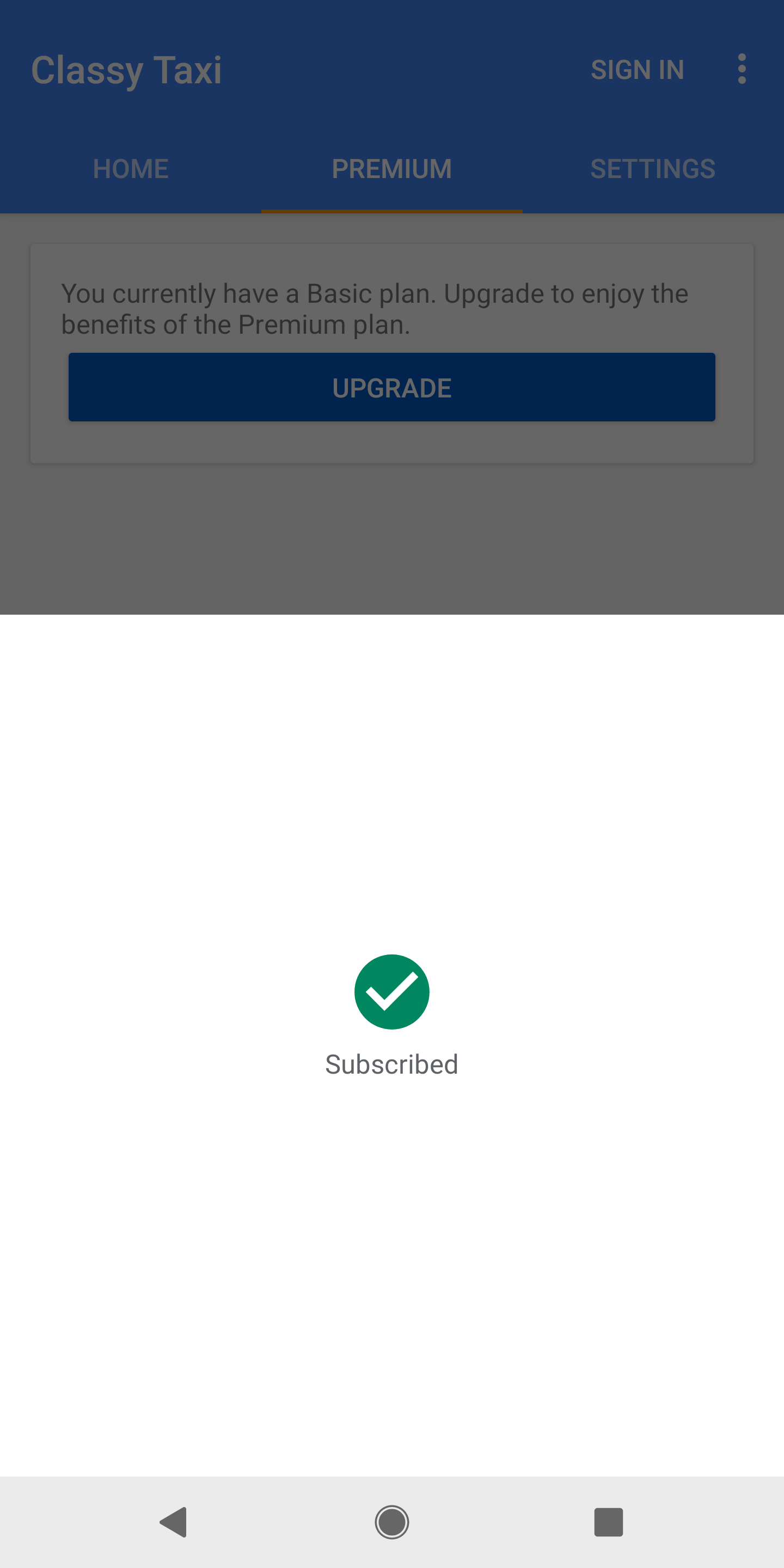 google play'in satın alma işlemi başarılı ekranı