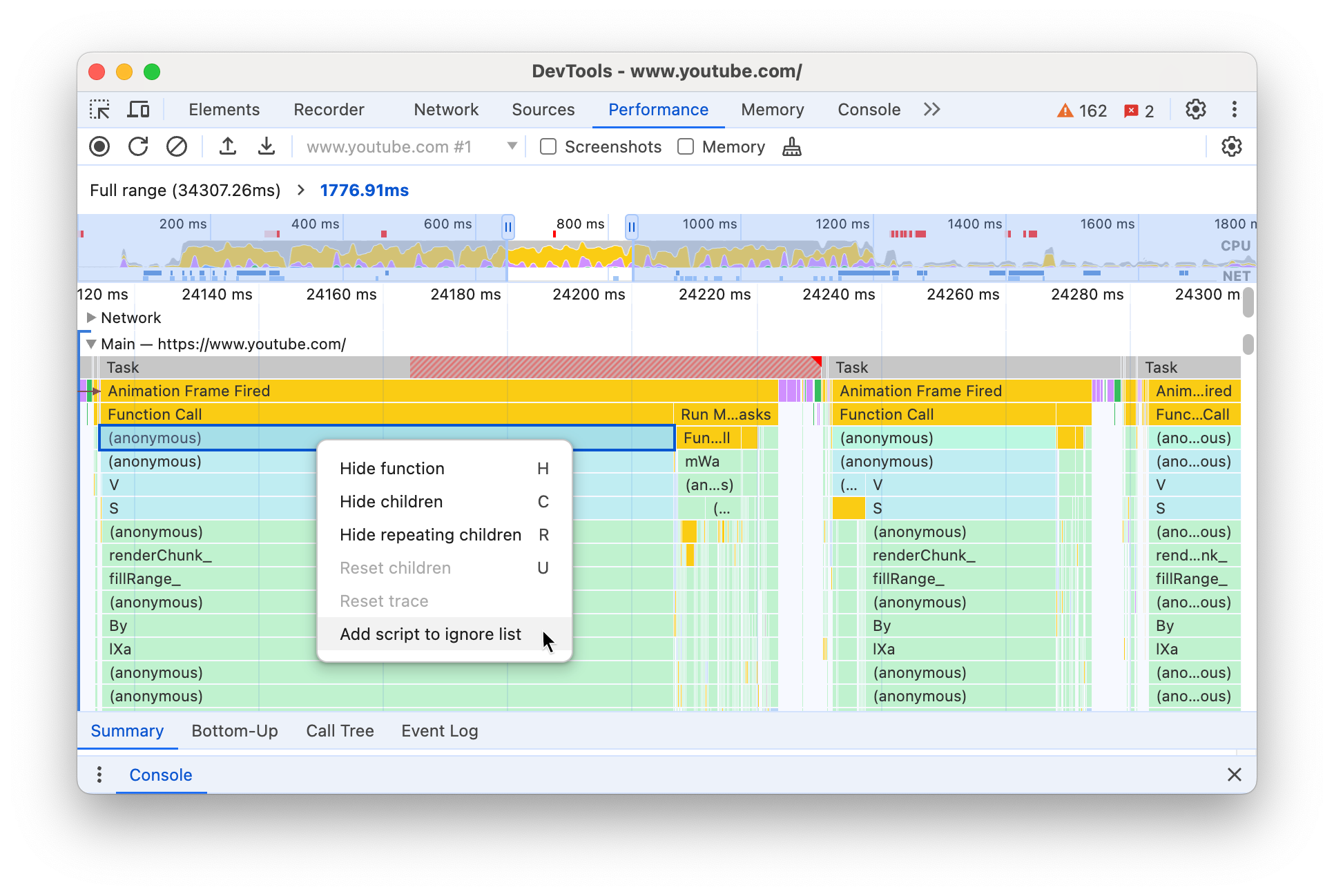 Menu kontekstowe z zaznaczoną opcją zignorowania skryptu.
