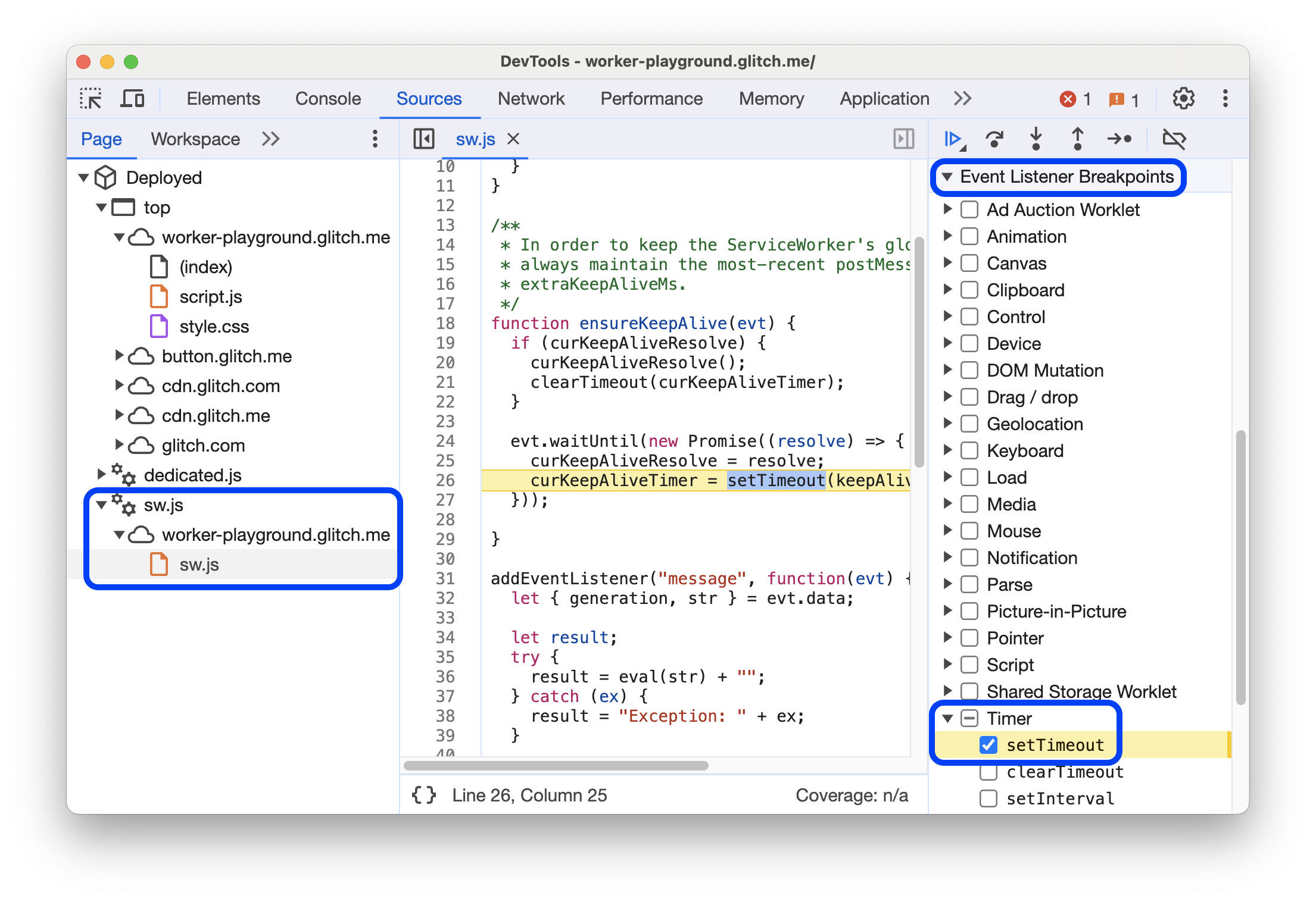De Debugger is gepauzeerd bij een gebeurtenis van een service worker.