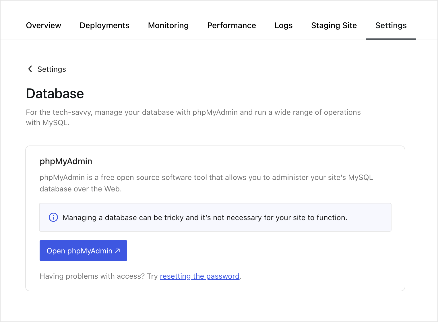 螢幕截圖：網站概覽中的資料庫存取分頁。