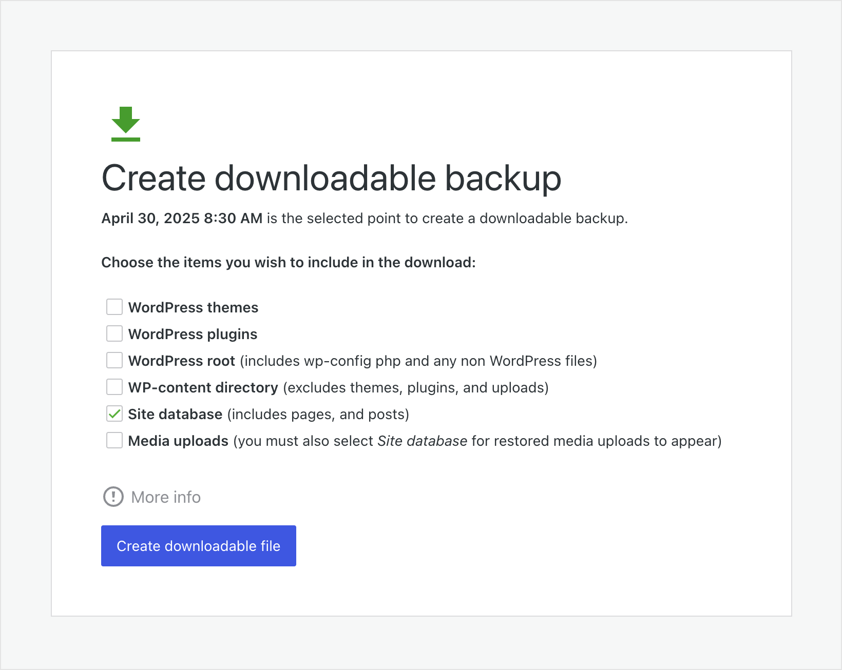 螢幕截圖：Jetpack VaultPress Backup 提供下載項目選擇的畫面。