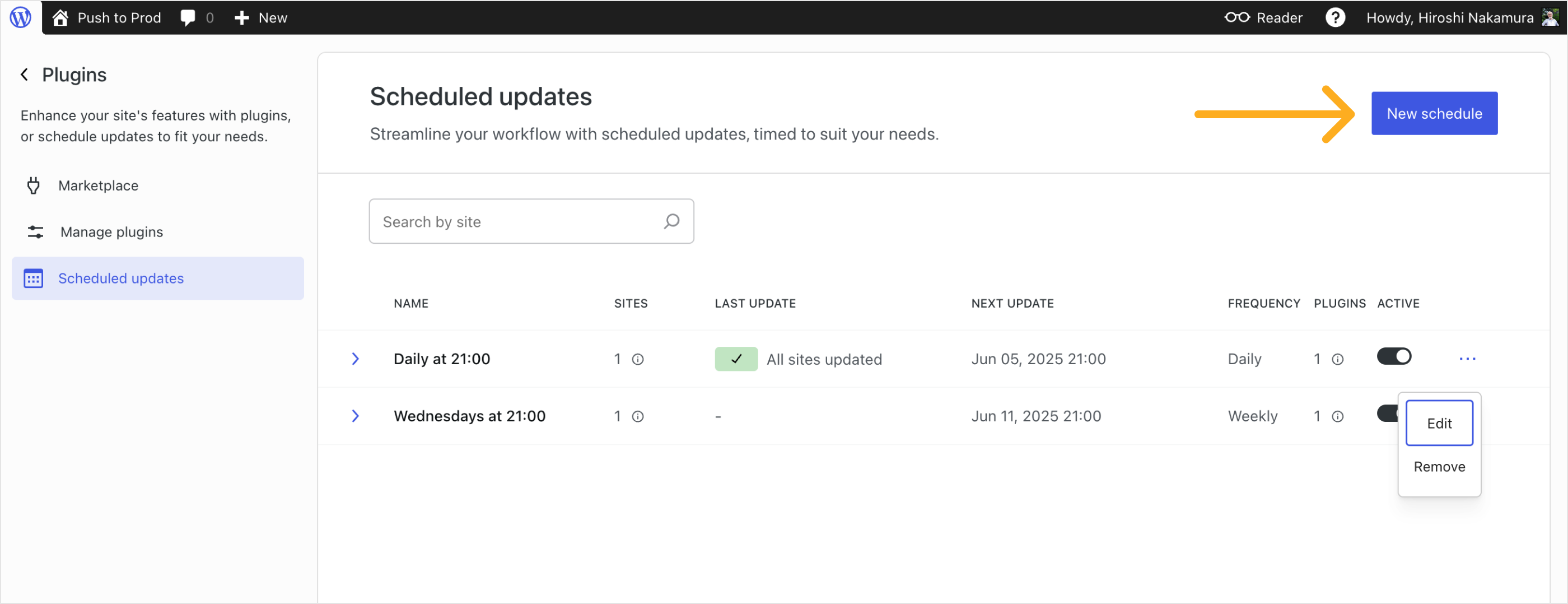 此螢幕擷取畫面說明如何在 WordPress.com 建立新的多站台排程外掛程式更新