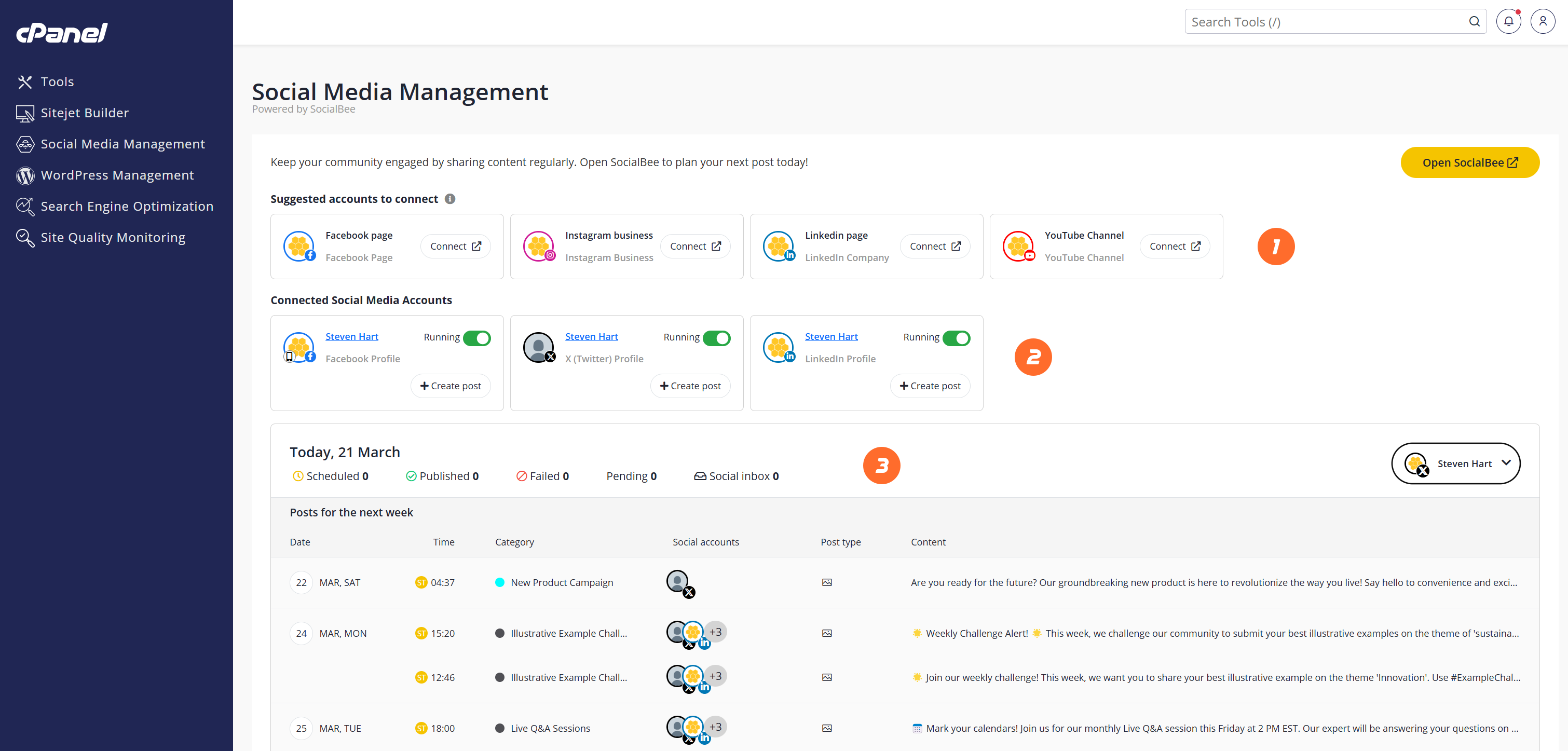 cPanel Social Media Management interface