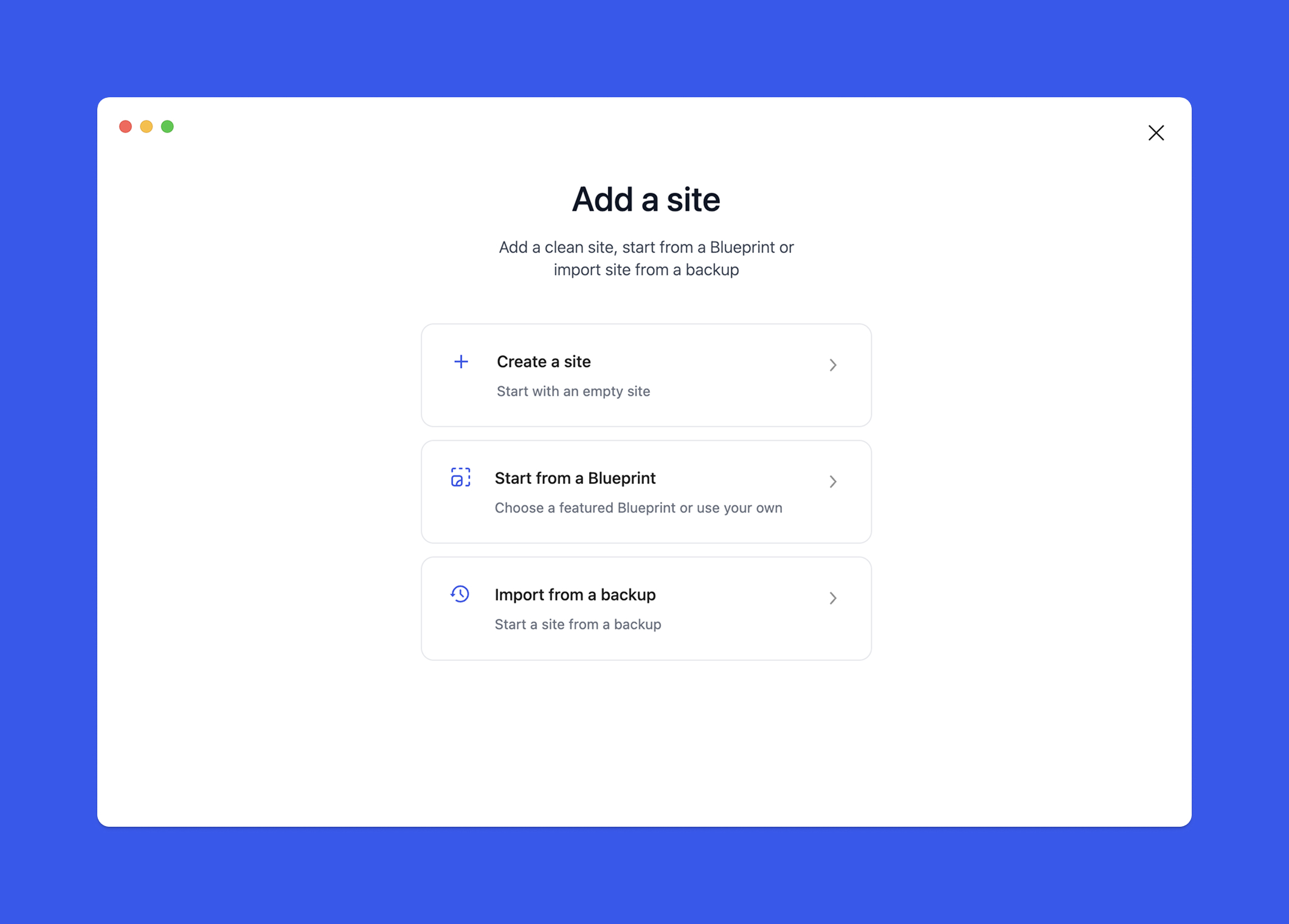 The new "Add a site" screen in WordPress Studio.